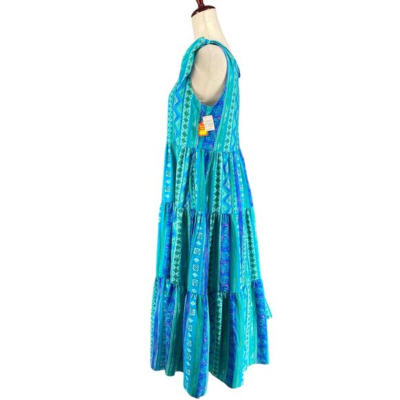 Vtg 80s 90s Two Potato Blue Artsy Midi Tiered Tie Shoulder Dress M Resort Wear - Picture 4 of 16